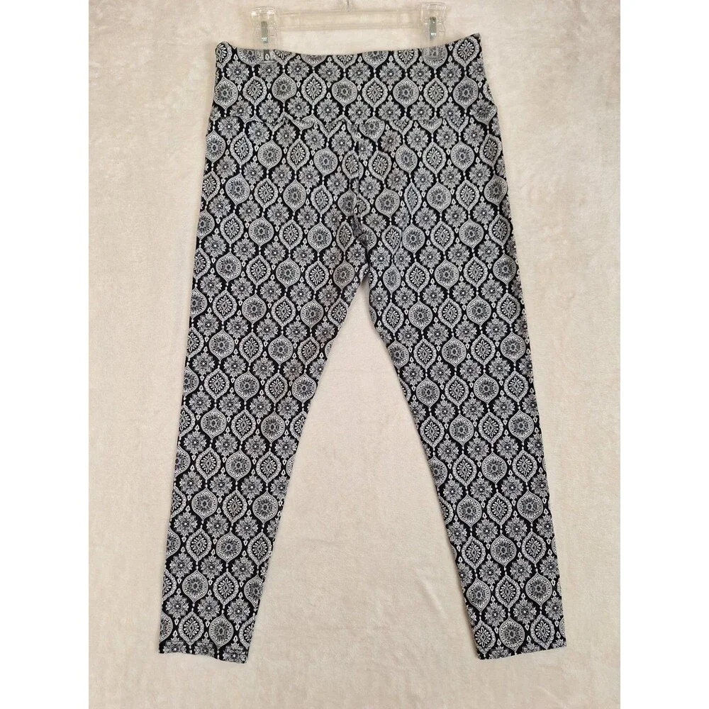 Suave Tummy Control Black White Paisley Print Women's Leggings XL Yoga Athletic